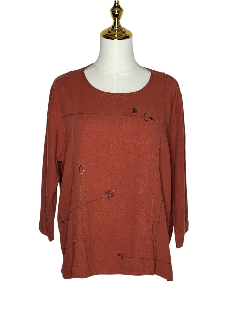 Christopher & Banks Lagenlook Rust 3/4 Sleeve Linen Blend Embroidered Top Sz L